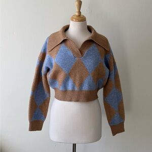 William Rast Cropped Argyle Knit Sweater | Collared Y2K Preppy Pullover